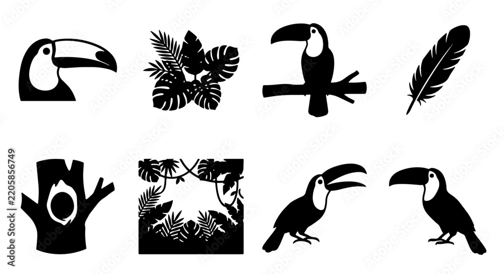 Obraz premium Tropical toucan bird silhouette vector icons, black exotic leaf and jungle palm graphics, wildlife flora and fauna silhouette clip art set