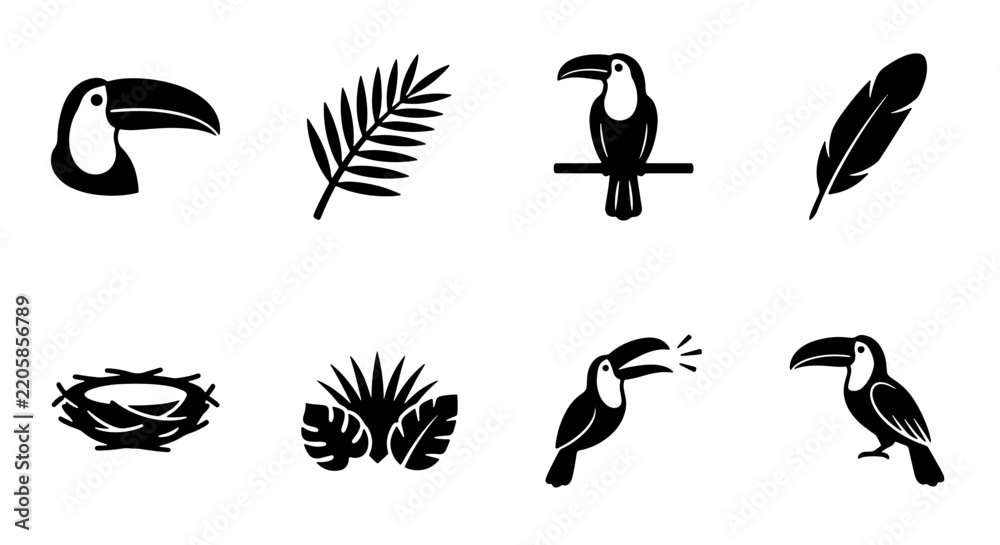 Obraz premium Tropical toucan bird vector icons set, minimalist black silhouette jungle wildlife symbols, exotic palm leaf graphics
