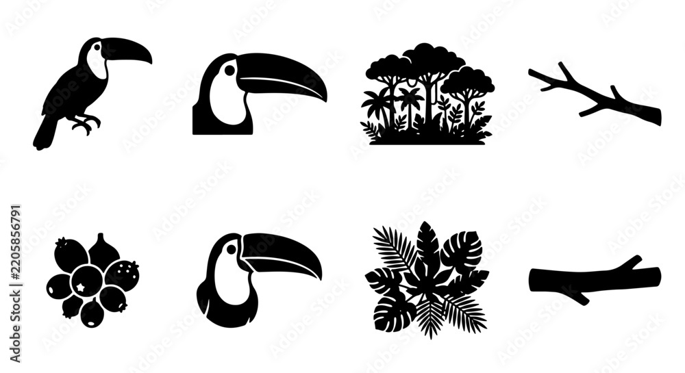 Fototapeta premium Tropical toucan bird silhouette set, black jungle nature icons, exotic rainforest wildlife vector elements, botanical leaves and branch collection