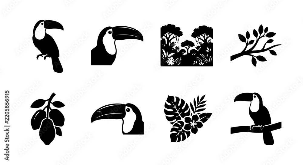 Obraz premium Toucan bird icon set, black silhouette tropical jungle elements, exotic rainforest flora and fauna vectors for logo design