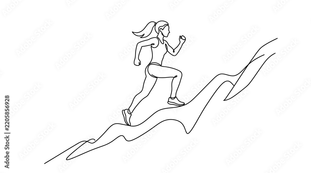 Fototapeta premium Woman running uphill drawn in a minimalist continuous line style symbolizing fitness and endurance.