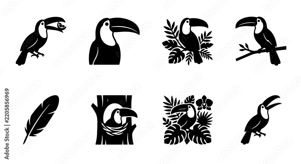 Obraz premium Tropical toucan bird vector icons set, black silhouette exotic wildlife collection, 8 jungle animal logo elements for branding