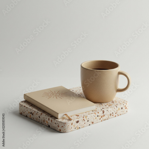 cup of coffee and book on white background
