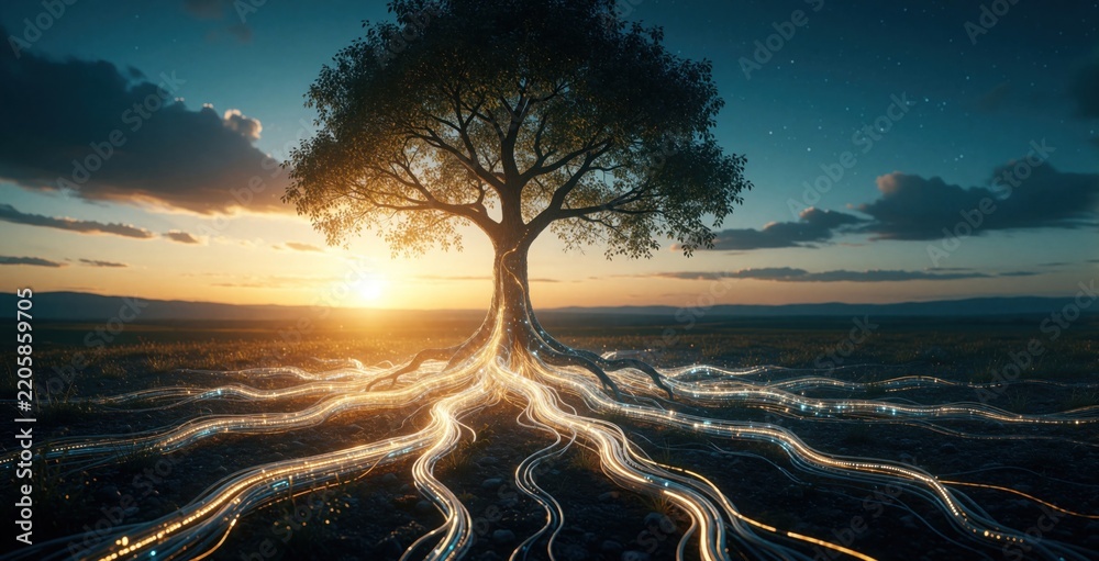 Obraz premium Digital art of tree with glowing fiber optic roots spreading across field at sunset. Concept of green energy, digital network integration. Nature meets technology in futuristic landscape. Eco