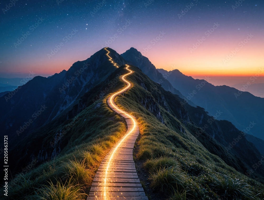 Fototapeta premium Glowing light path winds up steep mountain ridge towards starry night sky at dawn. Magic golden trail illuminates wooden walkway through wild grassy hills. Surreal landscape shows mystical trekking