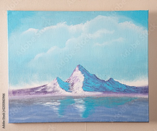 Oil painting on linen canvas; mountains in distant Iceland.