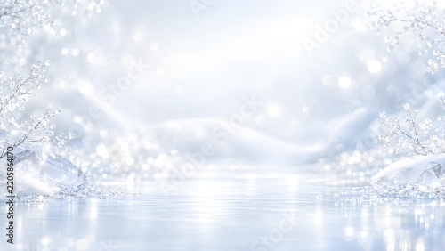 キラキラと輝く雪の結晶と氷の粒が舞う幻想的な白い風景（生成AI）