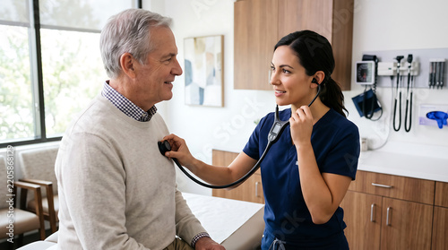 Female nurse in navy blue scrubs using a digital stethoscope to examine the chest of an elderly man in a clinic exam room
