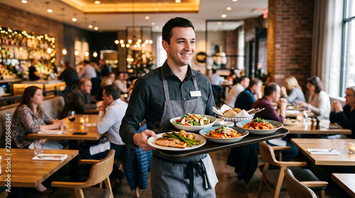 A smiling male waiter in a black shirt and grey apron carries a large rectangular tray with three plates of food through a busy, dimly lit restaurant dining room