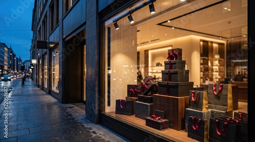 Elegant storefront window display featuring stacked gift boxes wrapped with red ribbons during the evening hours of a major Black Friday shopping event