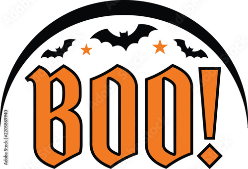 Fotografie Halloween Fun spooky orange vector boo text with flying bats for greeting cards,
