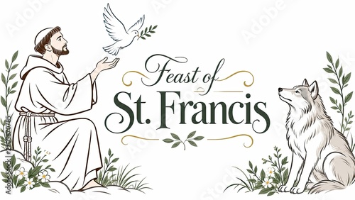 Illustrated Feast of St. Francis design featuring a robed friar, flying dove, wolf, botanical branches, and decorative lettering.
