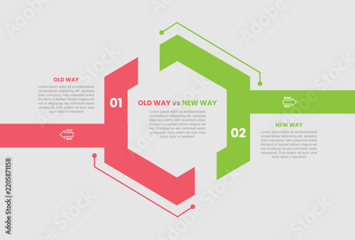 old vs new way infographic template with star burst shapes with hexagon panel connector dot line accent, 2 points comparison flat style