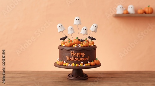 Adorable 3D halloween chocolate cake with floating ghost toppers on peach background with clean copy space