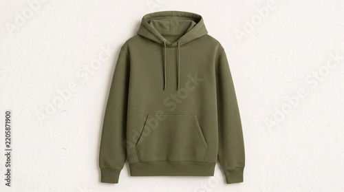 Plain olive green hooded sweatshirt mockup on light textured background   