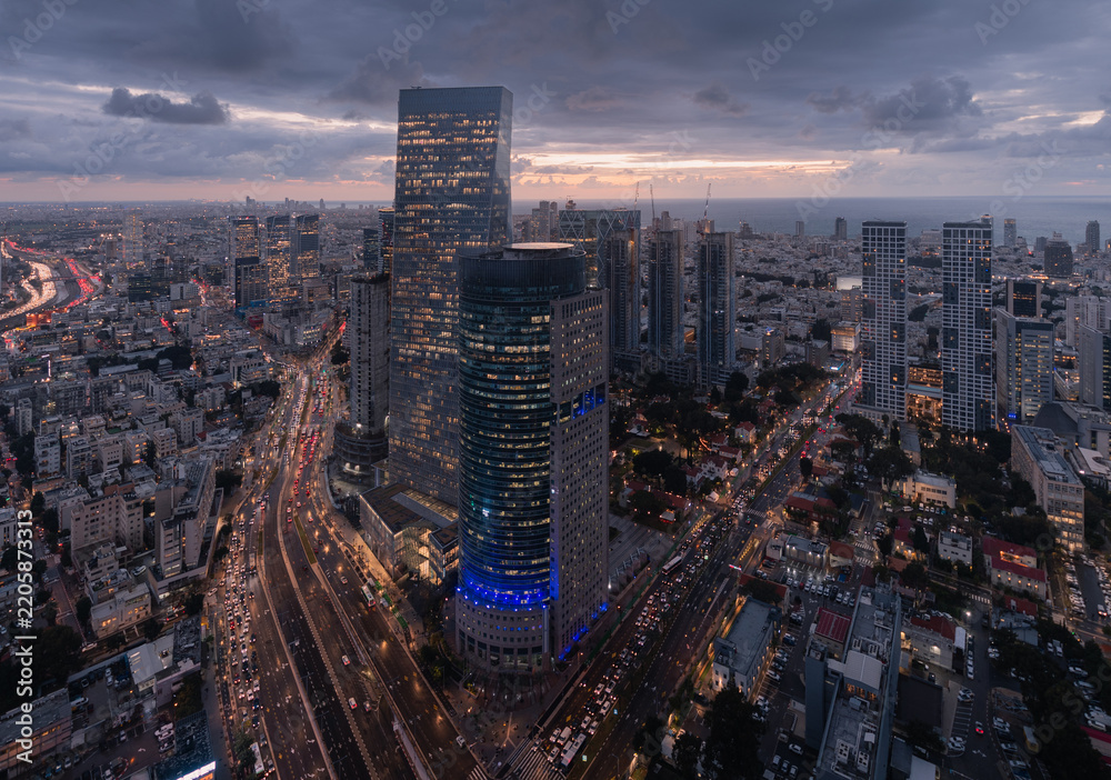 Obraz premium Tel Aviv Night Aerial Highway City Lights Skyscrapers Wide