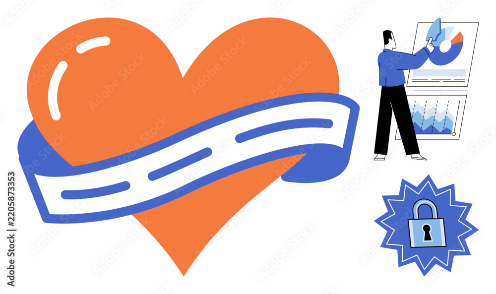 Fototapeta premium Heart shape with road ribbon and man analyzing charts vector illustration. Business growth, financial strategy, data analysis, security, investment planning, corporate success. Love path icon