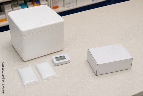 Pharmacy vaccine cold chain monitoring shipper and packs beside a sealed medicine box