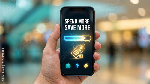 Hand holding a smartphone displaying a digital promotion for shopping and saving money online