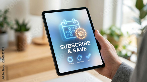 Person holding a tablet displaying a digital subscription offer with a discount promotion icon