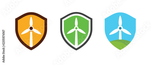 Wind energy icon set with turbine shields for renewable power, protection and clean technology.