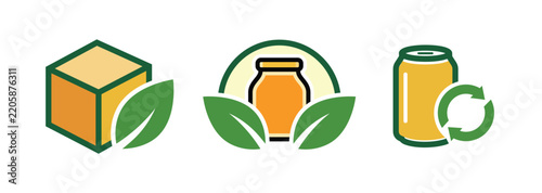 Eco packaging icon set with recyclable box, bottle and can for sustainable product design.