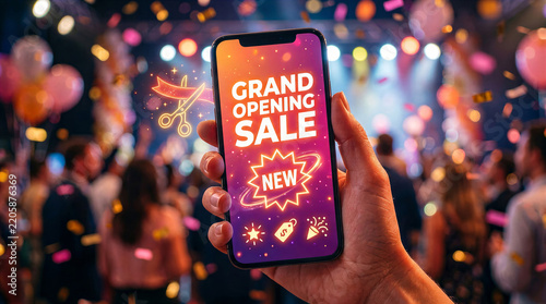 Hand holding a smartphone displaying a grand opening sale advertisement at a festive event