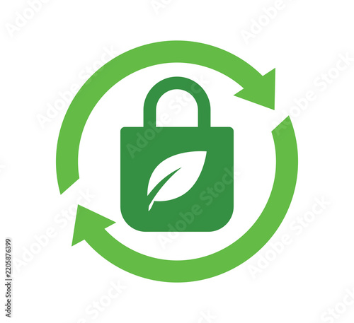 Green eco bag and recycling arrows icon for sustainable shopping, security and reuse.