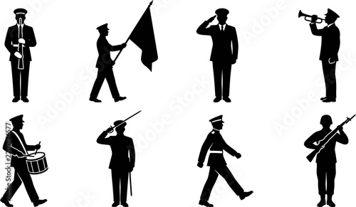 Картината върху платно Military and army soldier silhouette collection featuring marching band, saluting officers, and honor guard