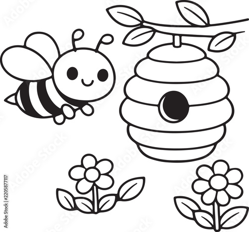 Bee and flowers coloring page for kids educational insect vector design art illustrator