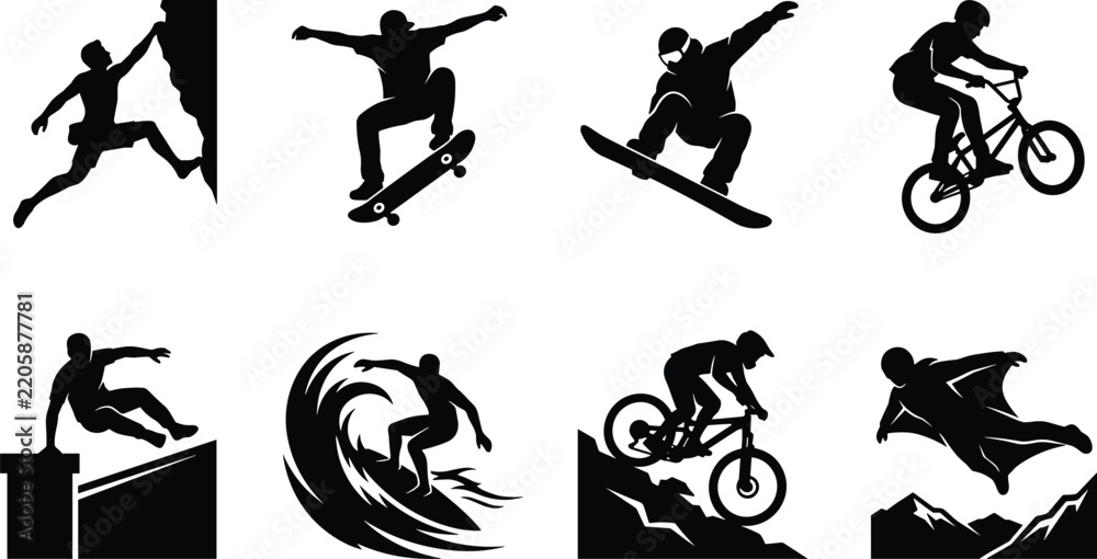 Obraz premium Collection of Extreme Sports Athlete Silhouettes Featuring Surfing Skateboarding Parkour and Snowboarding
