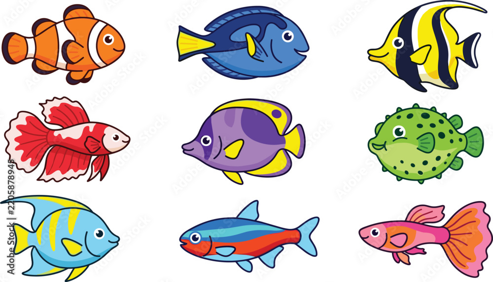 Obraz premium Art & IllustrationColorful Cartoon Tropical Fish Vector Set Featuring Clownfish Tang Guppy Pufferfish and Moorish Idol Icons for Sea Aquarium and Kids Design Projects