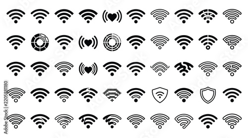 Set of black wifi symbols and wireless internet connection vector graphic silhouette icons illustration