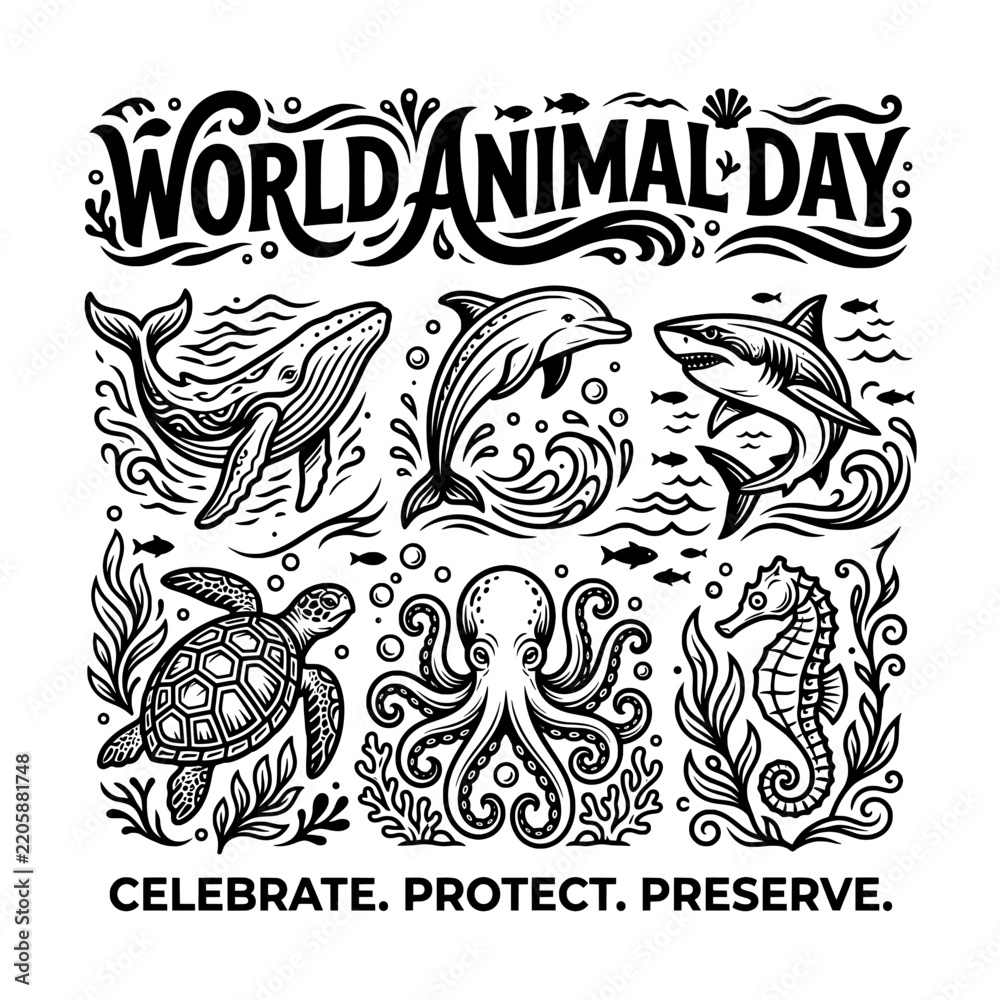 Fototapeta premium World Animal Day typography with hand drawn ocean marine life illustrations