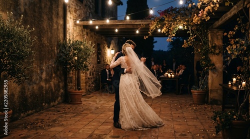 Bride and groom dancing romantically under string lights at night  