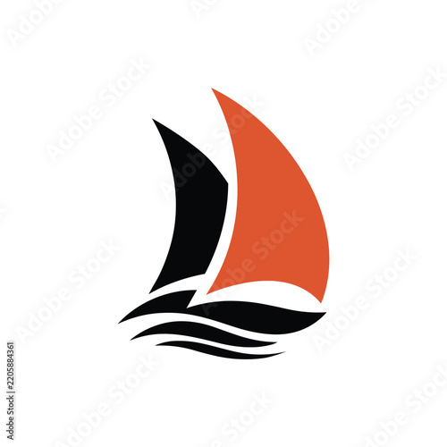 Minimalist sailboat logo icon with orange and black sails on waves