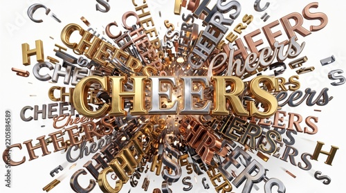 Cheers 3D typography explosion. Golden and silver metallic text letters scattering. Celebration banner design element