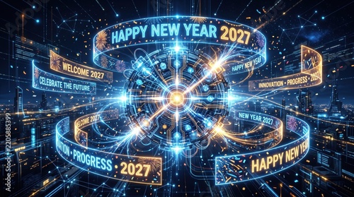 Happy New Year 2027 digital celebration concept. Glowing neon HUD interface with futuristic city skyline