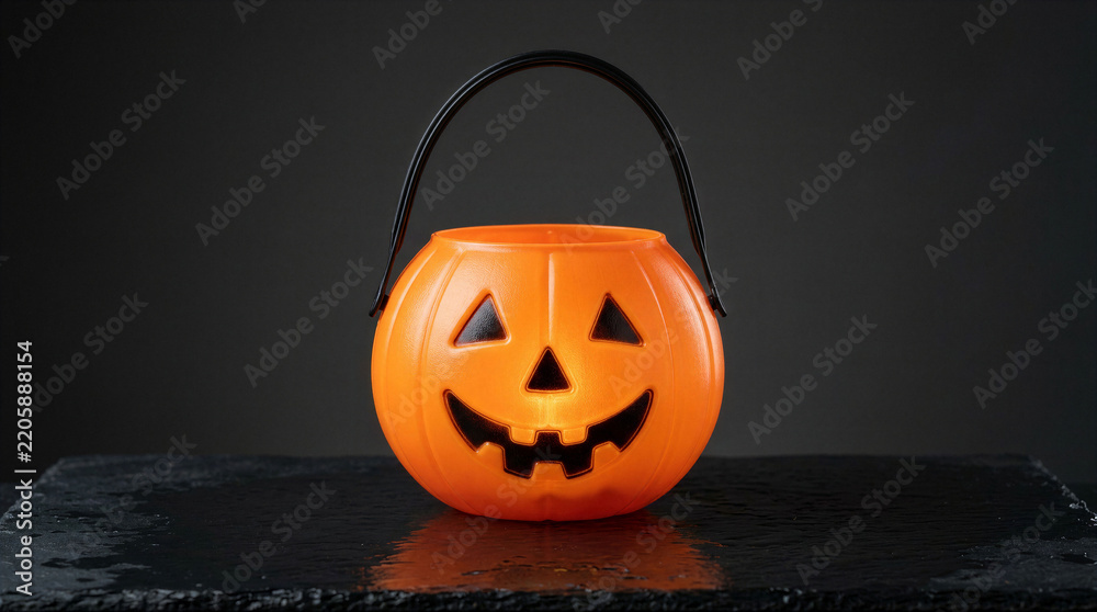Fototapeta premium Bright orange plastic pumpkin candy bucket for trick or treat on a dark slate background