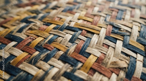 thai natural dyed bamboo weaving macro Close-up of woven natural fibers in a colorful basket pattern