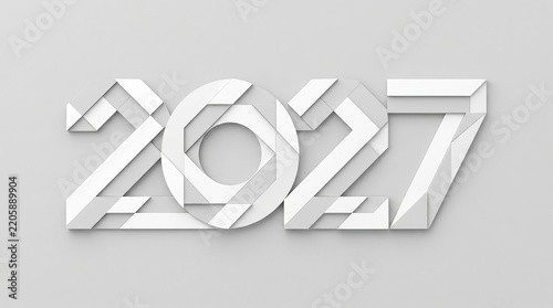 2027 year number typography design. White paper cut numerals on a light gray background