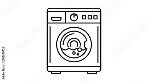 Washing machine line art graphic displays crisp monochrome contours against a stark background.