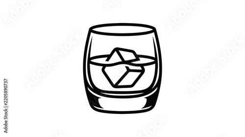 Glass of whiskey filled with ice cubes features bold black outline art over a clean white surface.