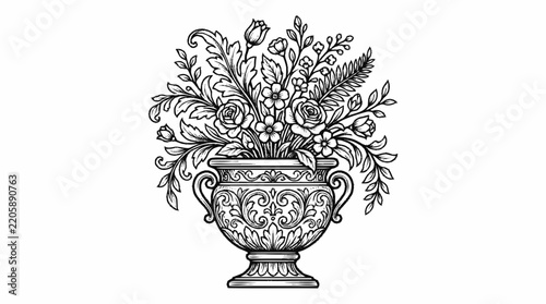 Vase arrangement featuring intricate black ink patterns on an ornate container filled with diverse floral textures and delicate leaf details.