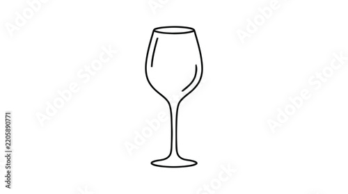 Wine glass outline rendered in crisp black lines on a solid white surface, highlighting smooth curved contours and a slender stem.
