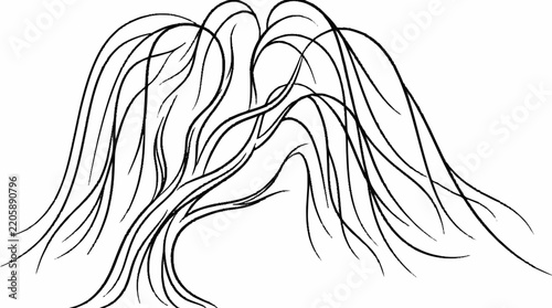 Tree drawing featuring fluid black ink strokes that define sweeping, weeping branches and a textured trunk on a plain white field.