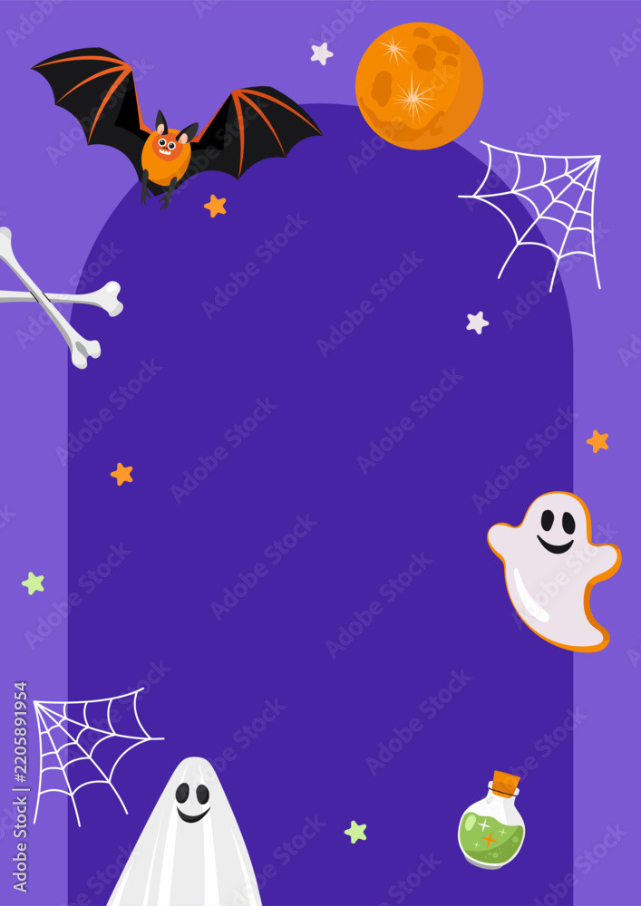 Obraz premium Halloween purple background for leaflets flyers and web banners with bat moon and cute ghosts
