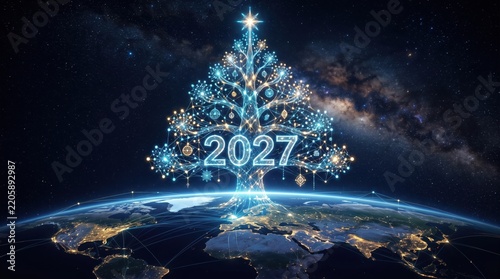 New Year 2027 celebration concept. Glowing digital Christmas tree standing on planet Earth. Space background