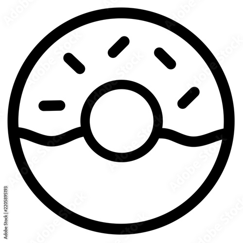 Minimalist black line art icon of a donut with sprinkles featuring a clean circular shape and wavy glaze line. Ideal for food menus bakery branding or website UI.