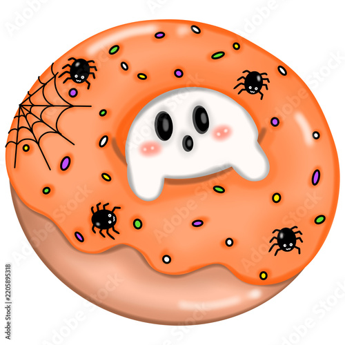 Orange donut with ghost and spider decorations vector illustration